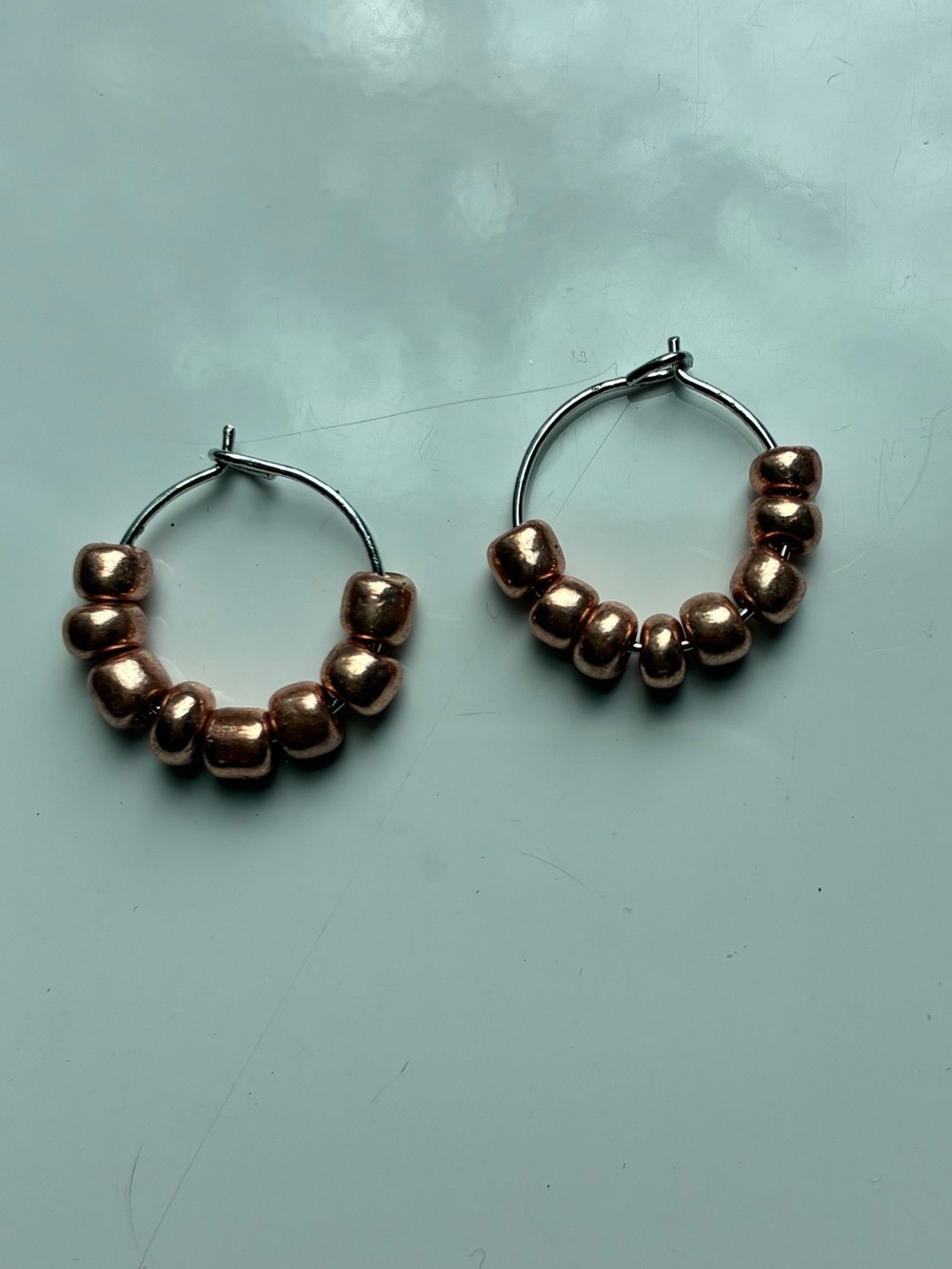 Minimalist Tiny Silverplate Hoop Earrings with Rose Gold Glass Beads